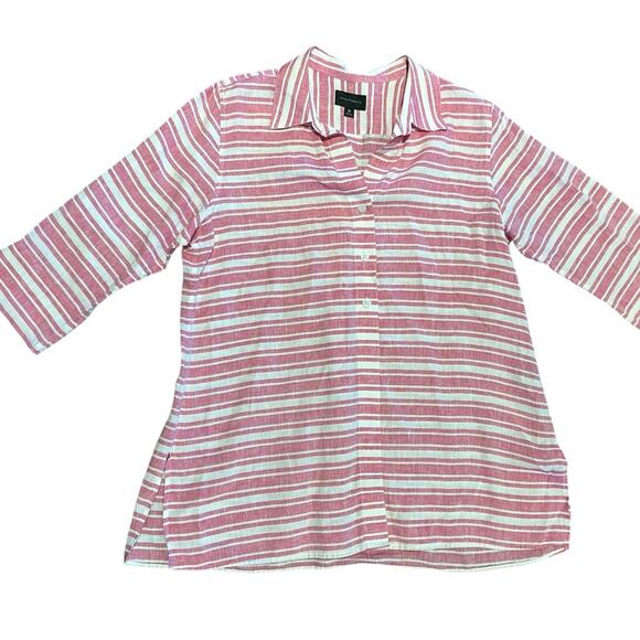 Investments Women’s Size 18 Pink and White Striped 100% Linen Button-Up Shirt - Picture 1 of 7